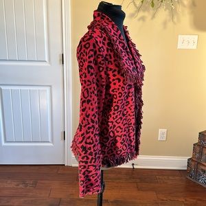 NWOT CHICO'S Red and Black Animal Print Cardigan Sweater with Fringe Trim